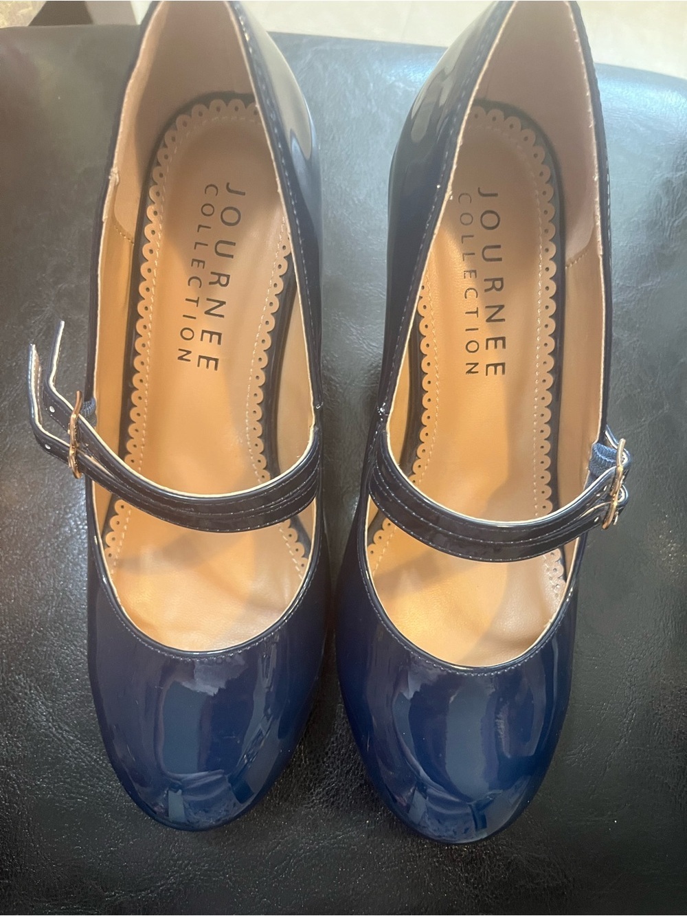 Journee Collection Navy Patent Mary Jane Heels with Strap